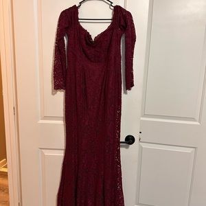 Burgundy maternity evening dress.